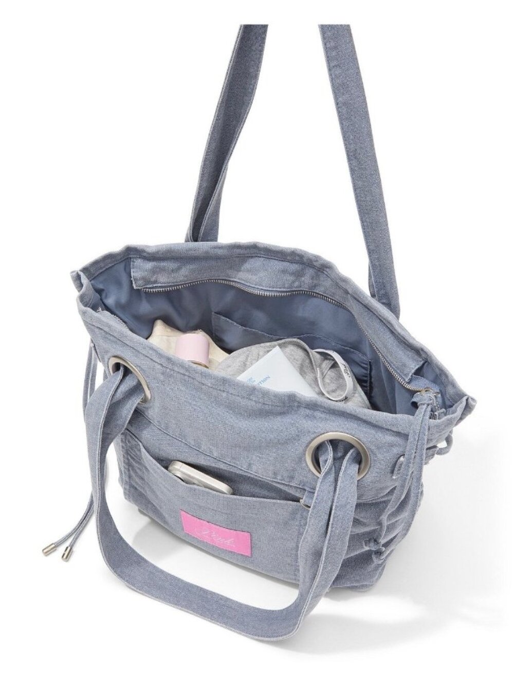 VS PINK CANVAS FLAT BOTTOM TOTE BAG IN BLUE WASHED DENIM LOGO NEW RELEASE!